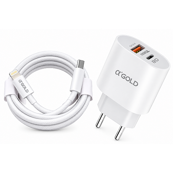 Kit Carregador Turbo 40W com 2 Portas (USB + Tipo-C) e Cabo Tipo-C para iPhone, Branco - A'Gold CA40/C-ios
