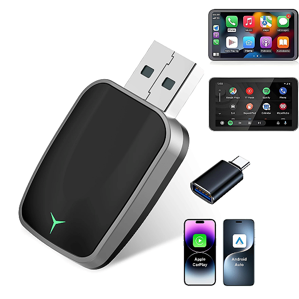 CarPlay e Android Auto Sem Fio para iPhone e Android - Dongle USB-A/C Plug & Play