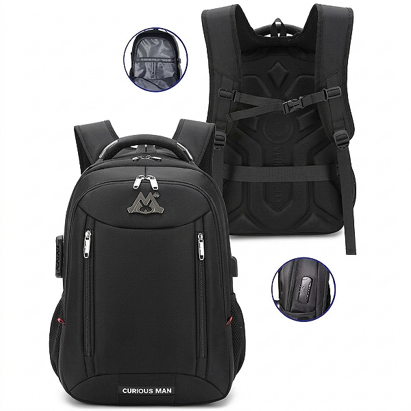 Mochila Multiuso Reforçada Anti-Furto com Cadeado para Notebook até 17" Semi-Impermeável - Curious Man 2702