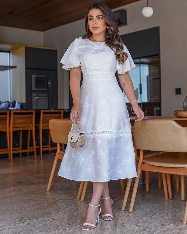 vestido com Tómas e manga Flare Branco Classico midi