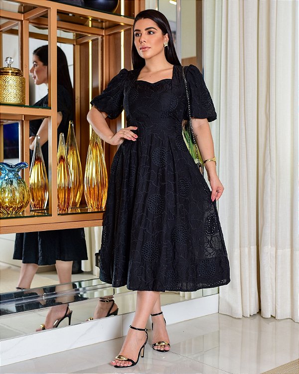 Vestido manga balone midi balone Preto
