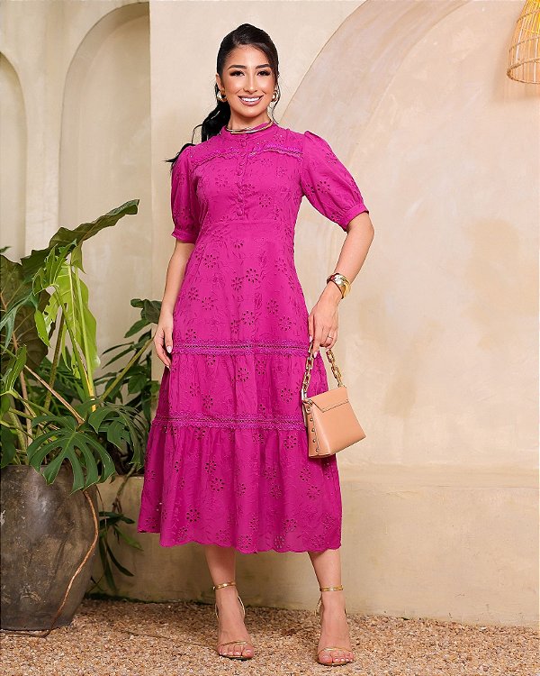 Vestido com Botões funcional Red Violet Longuete
