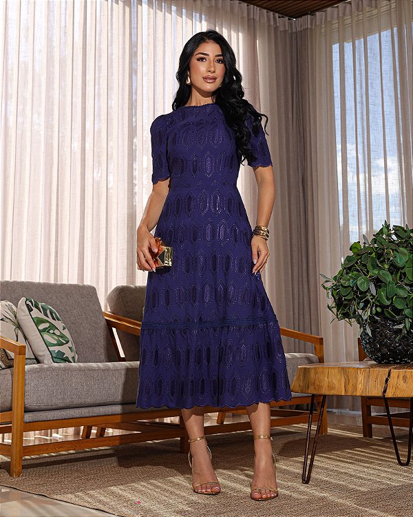 Vestido Realeza detalhes em guipir Azul Marinho