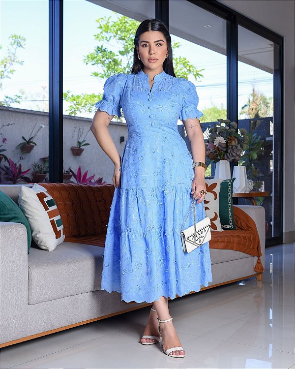 Vestido luxo laise 3D gola padre Flor Azul Baby