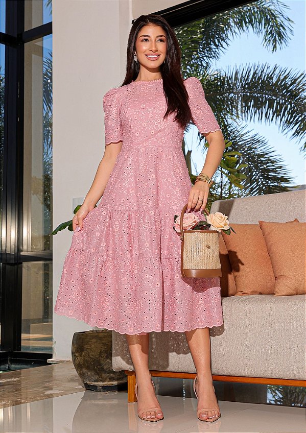 Vestido Princesa na laise Luxo Rosa Midi