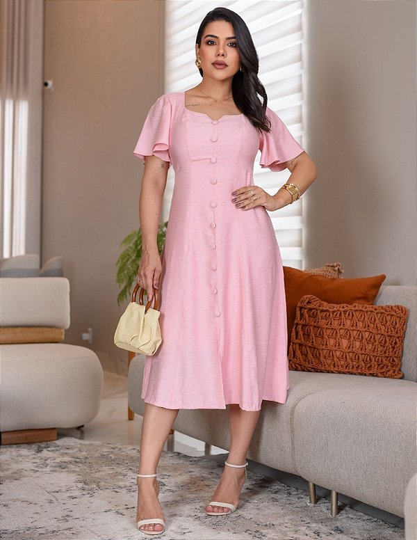 Vestido manga flare e fenda frontal Rosa bailarina