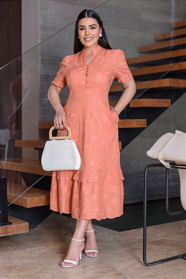 Vestido Bordado com Botões Funcional Salmão Quente Midi