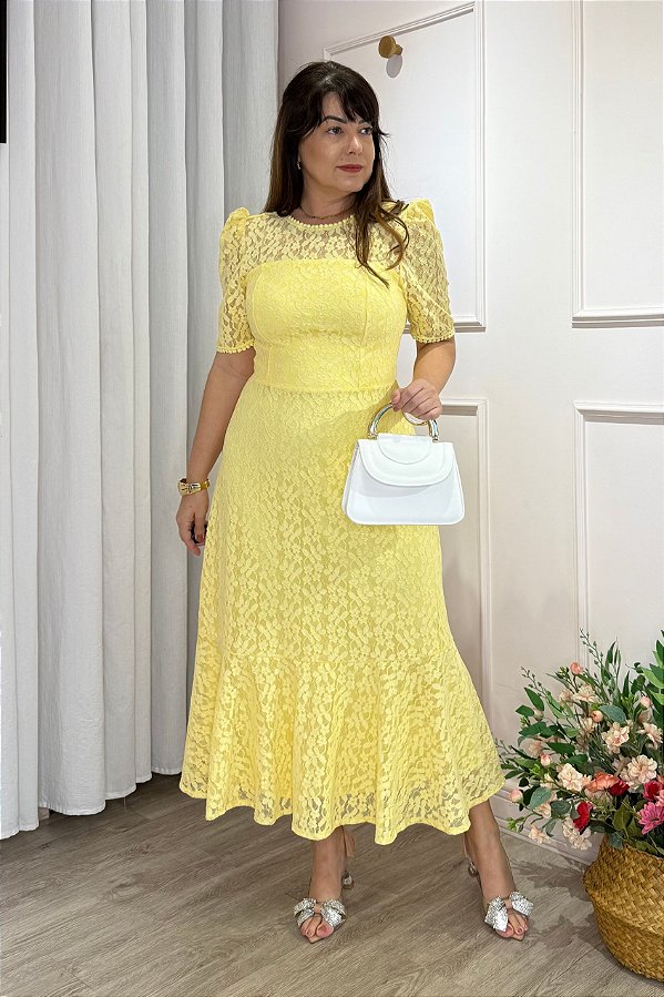 Vestido midi Renda e saia peplum Amarelo