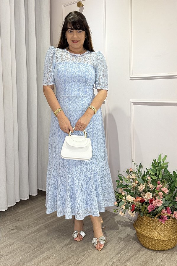 Vestido midi Renda e saia peplum azul bebe