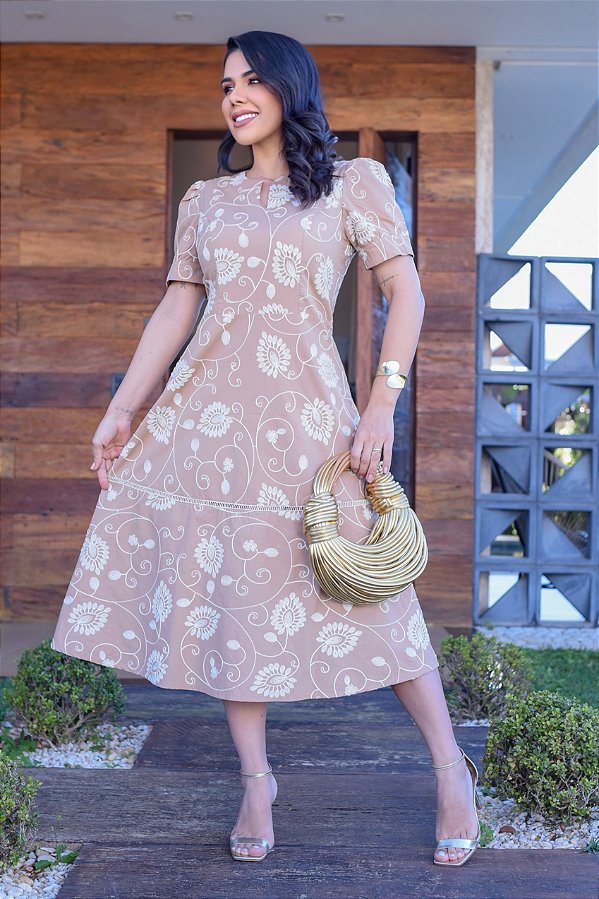 Vestido Midi bordado Indiano Bege