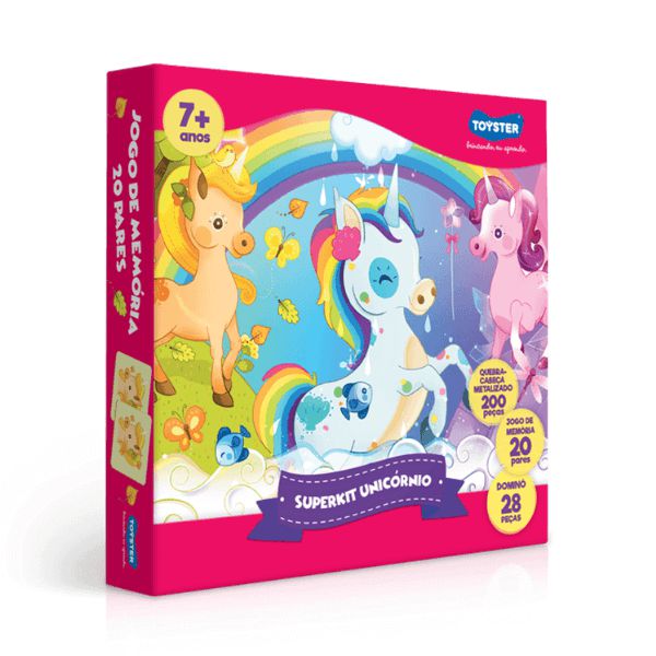 Superkit Metalizado Unicórnio Quebra-cabeça Jogo de memória e Dominó Toyster