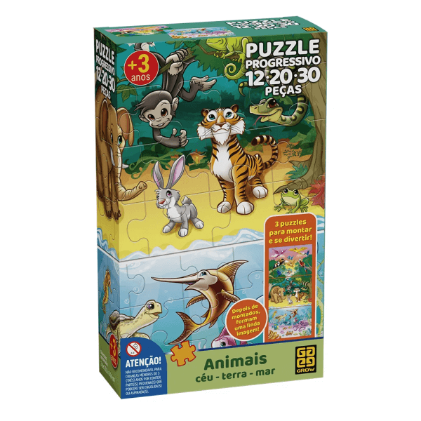 Puzzle Progressivo Animais Ceu, Terra e Mar 12/20/30 Peças Grow
