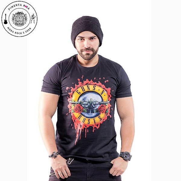 Camiseta preta rock banda Guns N Roses logo 100% algodão