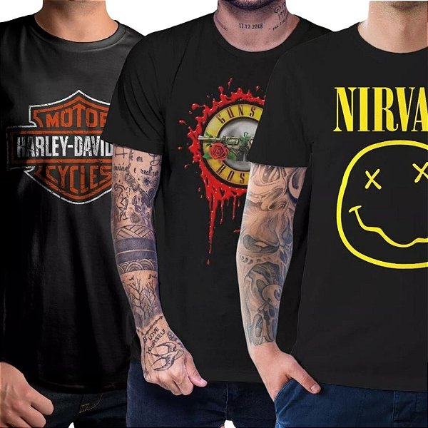 Camiseta preta rock  Guns Nirvana harley