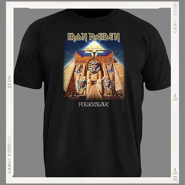 Camiseta preta rock Iron Maiden Powerslave Oficial Stamp