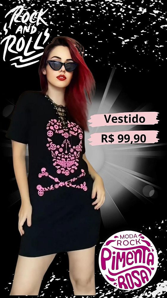 Vestido com ilhós e estampa de caveira rosa