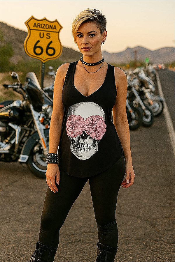 Camiseta regata com estampa de caveira e flor nos olhos