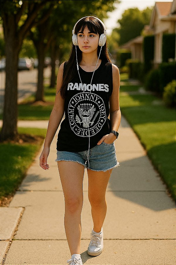 Regata feminina preta rock Ramones
