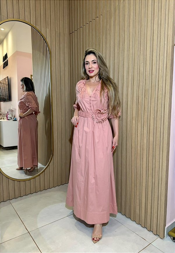 Vestido Tricoline Bordado Ragla Cinto Det. de Flor