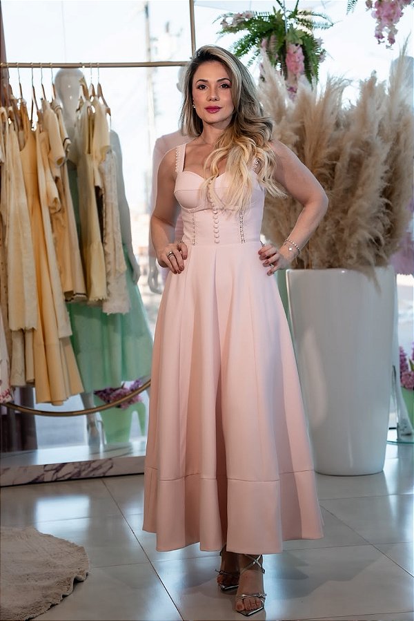 Vestido Midi em Crepe Rosa Candy Det. Botões Frontais