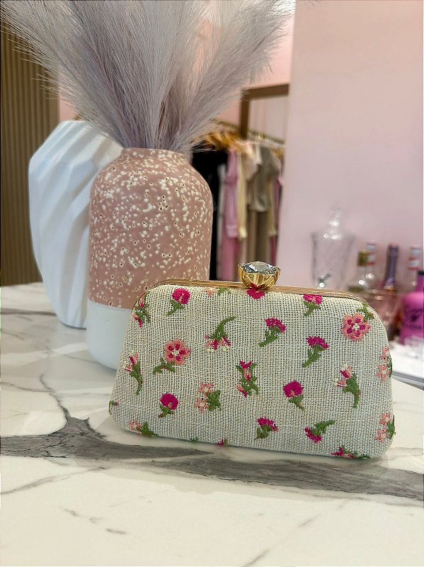 Bolsa Clutch de linho com bordado floral