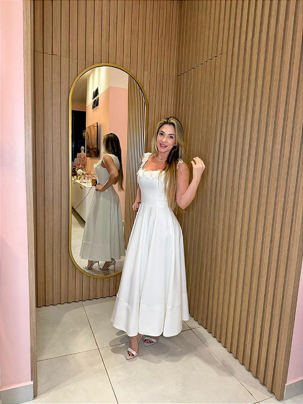 Vestido Mídi de Crepe Branco Aurora com Det. no busto