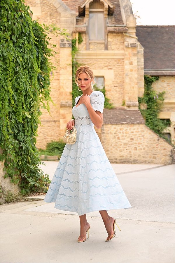 VESTIDO SERENITE MIDI DE RENDA RICHELIEU AZUL CANDY