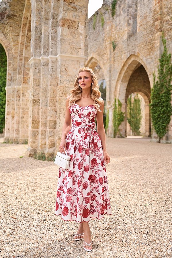 VESTIDO ROSALIA MIDI DE CAMBRAIA BORDADO OFF-WHITE E VERMELHO