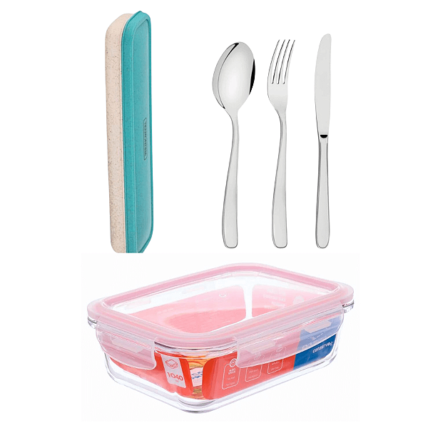 Kit Marmita Completo Pote Vidro Hermético Talher Aço Inox