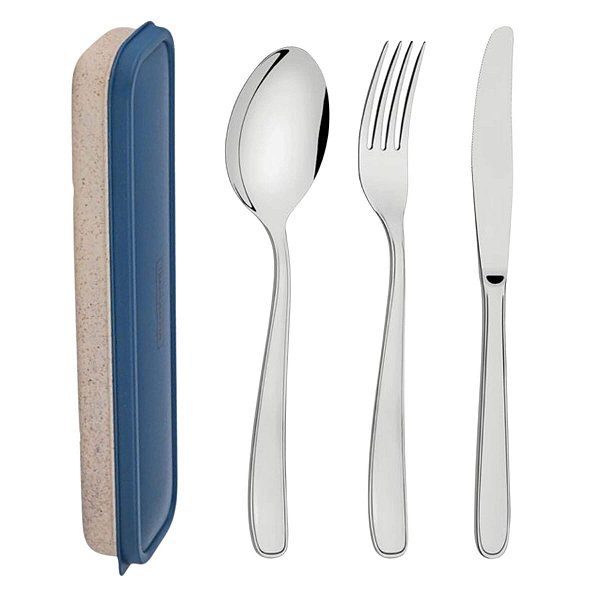 Kit Conjunto Talher Aço Inox Marmita Estojo Azul Tramontina