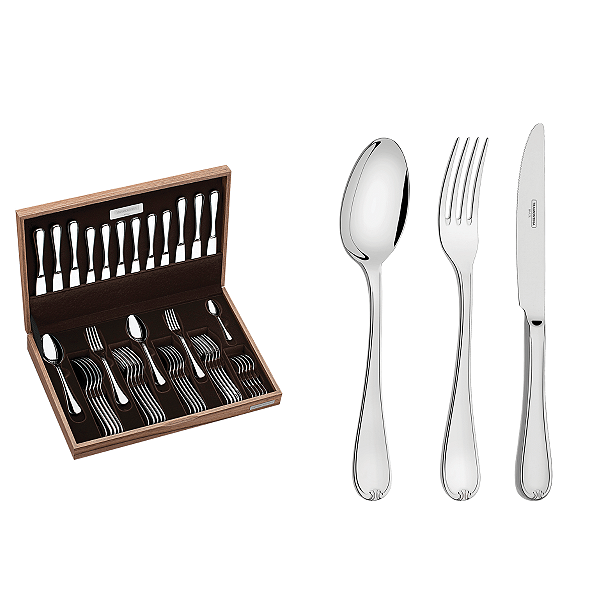 Faqueiro Tramontina Vicenza em Aço Inox com Facas de Mesa Forjadas Acabamento Alto Brilho com Detalhes no Cabo e Estojo