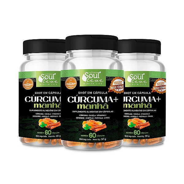Kit 3 Shot em capsulas Cúrcuma+ Manhã com cúrcuma, canela e hortelã. (60 Caps) - Fazenda Soul Leve