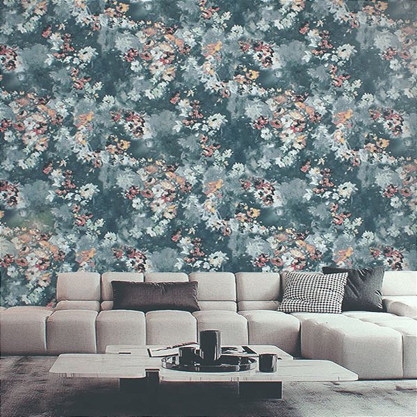 Papel de Parede Floral Azul Jeans Detalhes em Brilho - Coleção Poet Chart 4 | Kantai