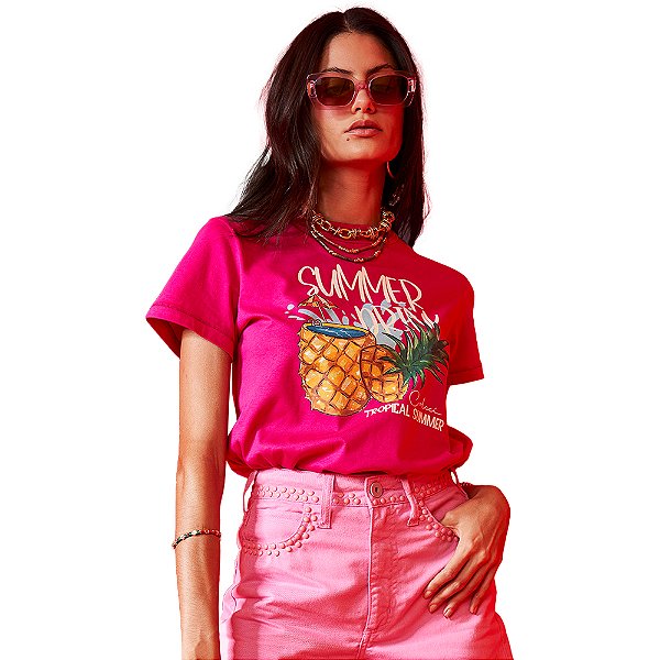 Camiseta Colcci Summer Drink AV23 Rosa Feminino