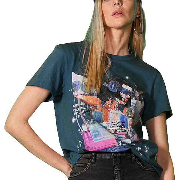 Camiseta Estampada Coca Cola Comfort Azul Feminino