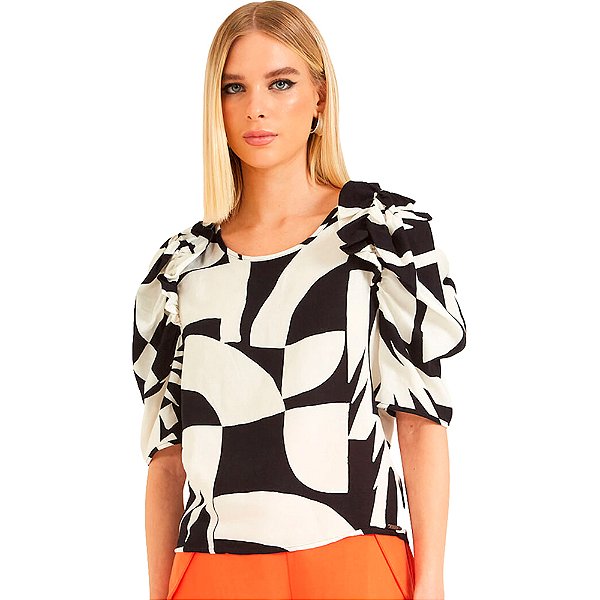 Blusa Linho Forum Estampado P23 Preto Feminino