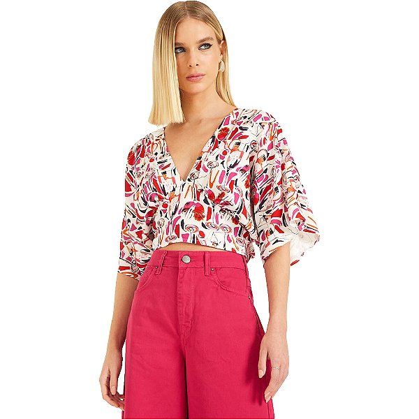 Blusa Linho Forum Estampado P23 Vermelho Feminino