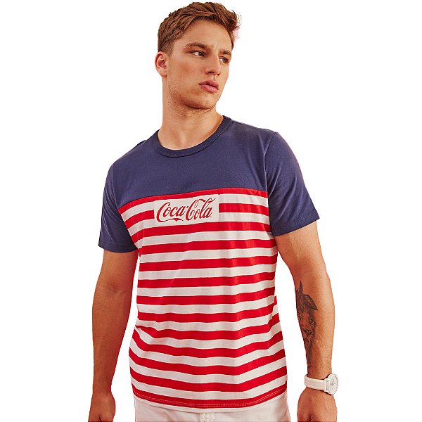 Camiseta Coca Cola Listras P23 Marinho Masculino