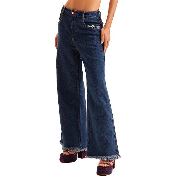 Calça Jeans Easy Lança Perfume Wide Leg High AV23 Azul Escuro Feminino