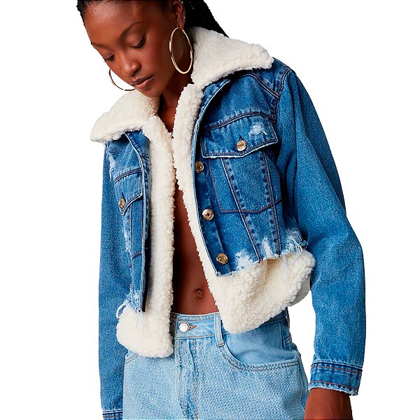 Jaqueta Jeans Lança Perfume com Pelo Trucker Azul Feminino