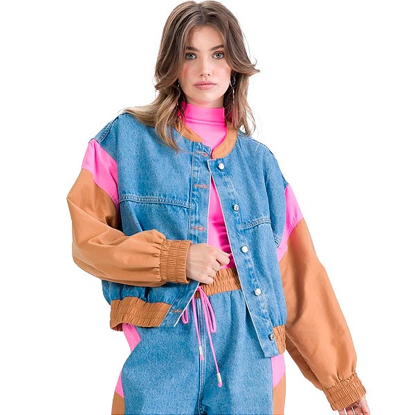 Jaqueta Jeans Myft College Bomber Azul Feminino