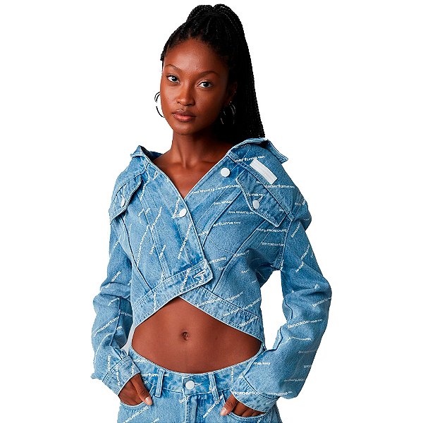 Jaqueta Jeans Easy Lança Perfume Trucker Logomania Azul Feminino