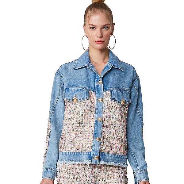 Jaqueta Jeans Lança Perfume Oversized Com Tweed Azul Feminino