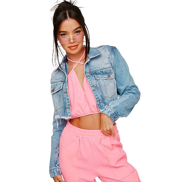Jaqueta Cropped Jeans Myft Trucker V23 Azul Feminino