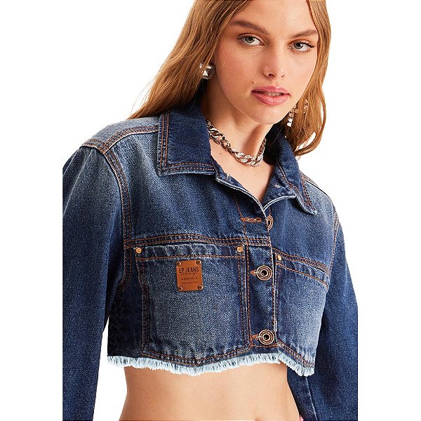Jaqueta Jeans Cropped Lança Perfume Trucker AV23 Azul Feminino