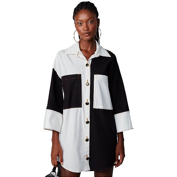 Vestido Sarja Lança Perfume Oversized Preto Feminino