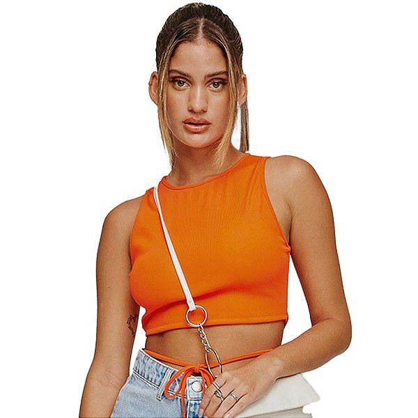 Camiseta Cropped Myft Com Amarração Laranja Feminino
