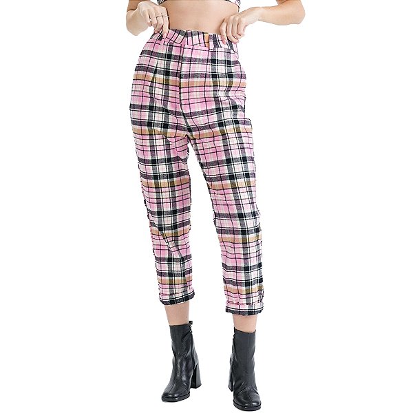 Calça Alfaiataria Myft Xadrez Rosa Feminino