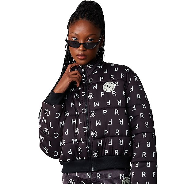 Jaqueta Estampada Easy Lança Perfume Puffer Preto Feminino