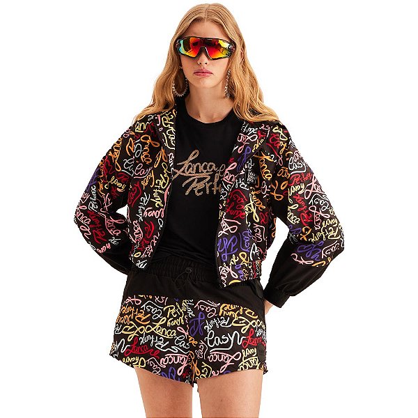 Jaqueta Bomber Easy Lança Perfume Cropped Estampado AV23 Preto Feminino
